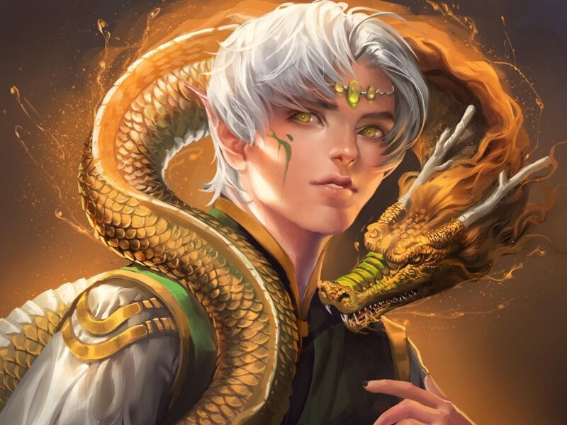 Elf with Golden Dragon — Gold, Dramatic, Digital Art