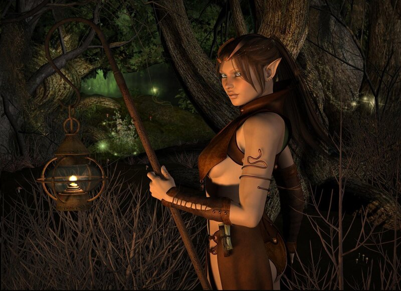elf with lantern in forest