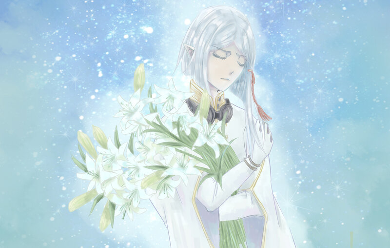 elf with lilies in starry light
