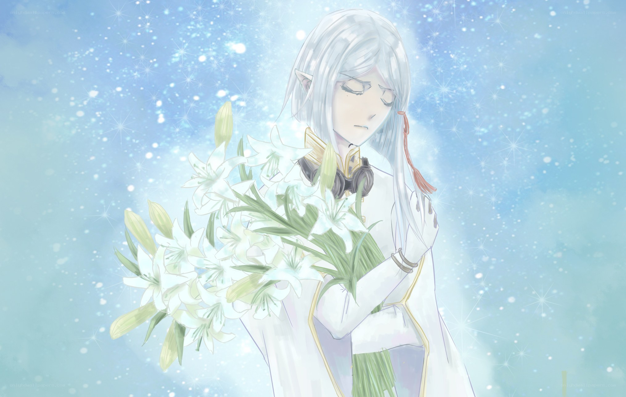 elf with lilies in starry light