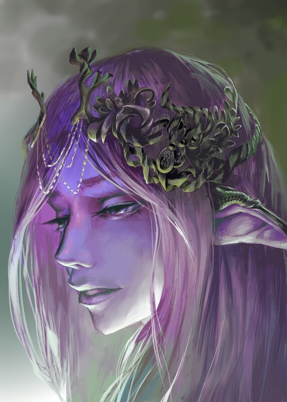 Elf with Purple Hair — Serene, Digital Art