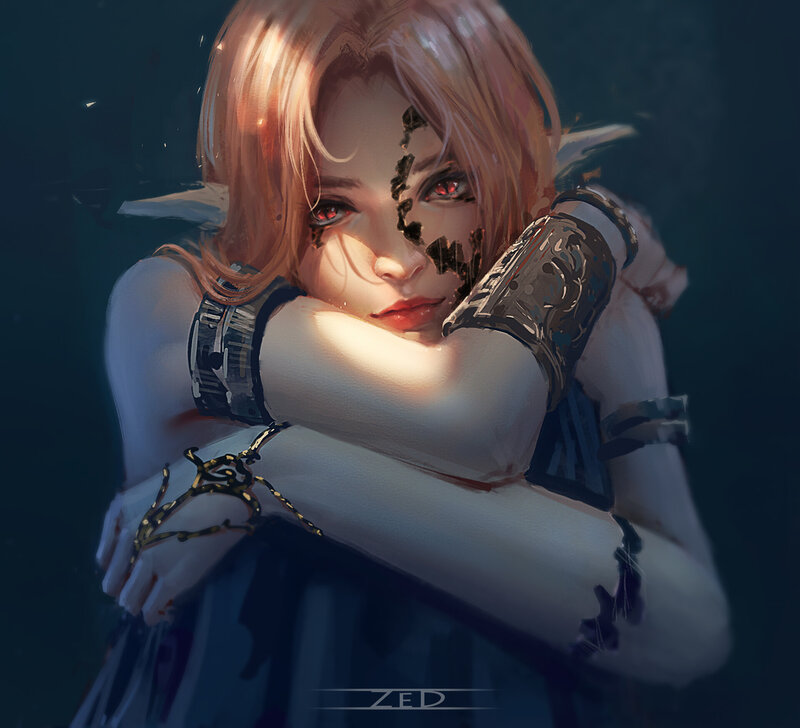 Elf with Red Eyes — Blue, Dramatic, Night, Digital Art