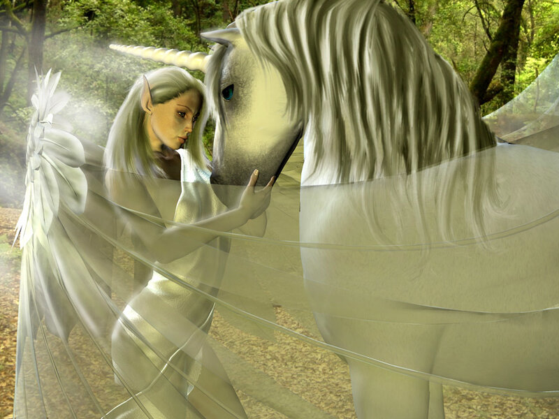 elf with unicorn in forest