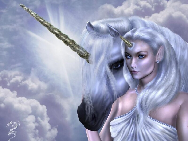 elf with unicorn in sky