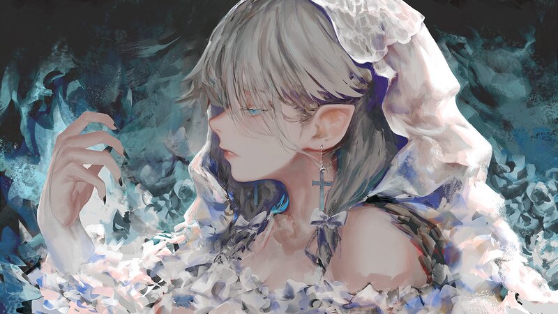 Elf with White Hair — Dramatic, Digital Art, Earring