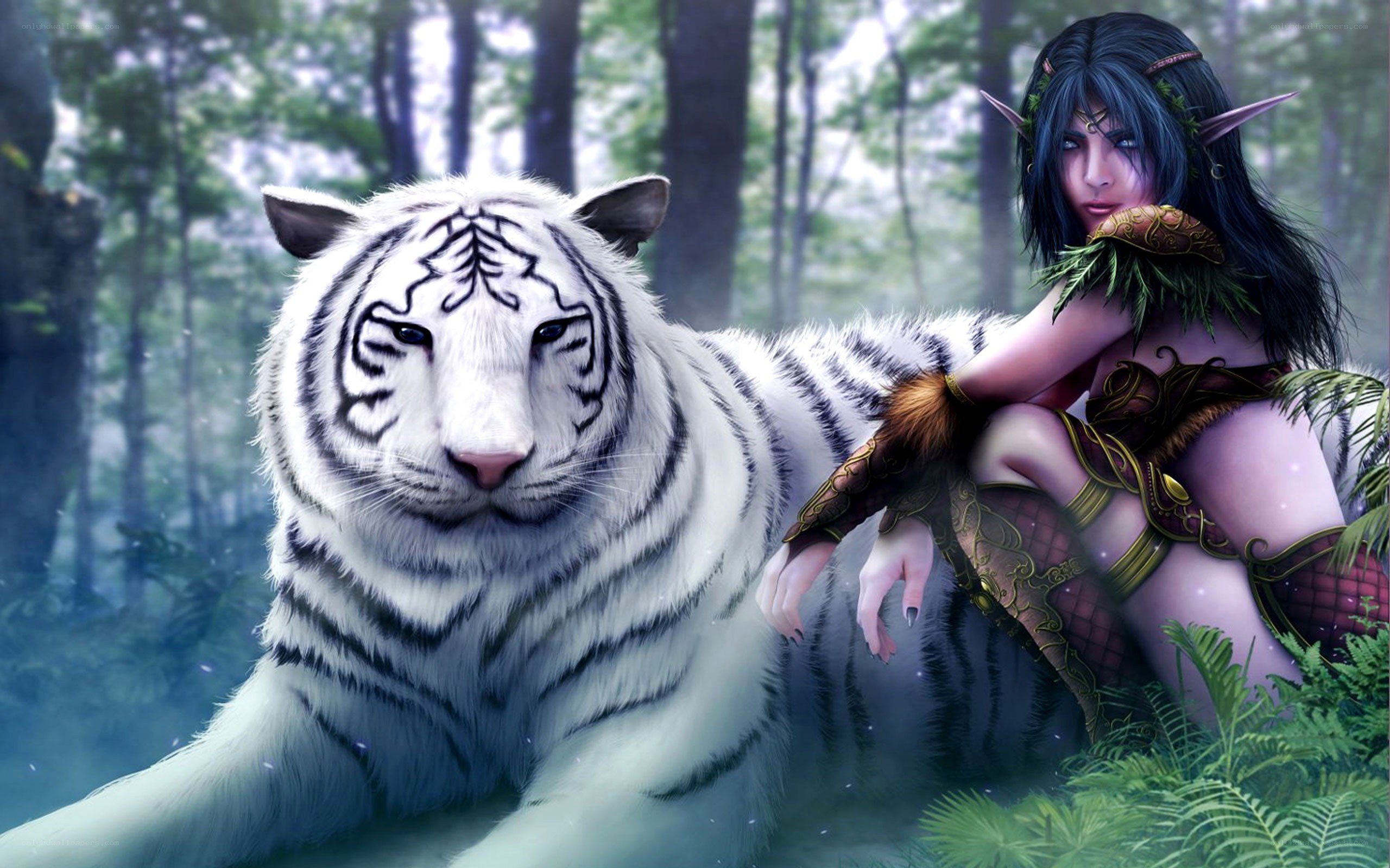elf with white tiger in forest