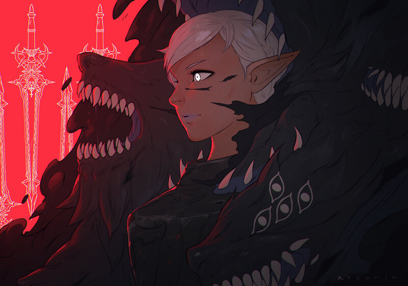Elf with Wolf Companion — Red