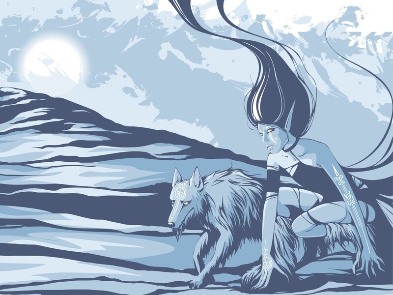 elf with wolf in snowy landscape