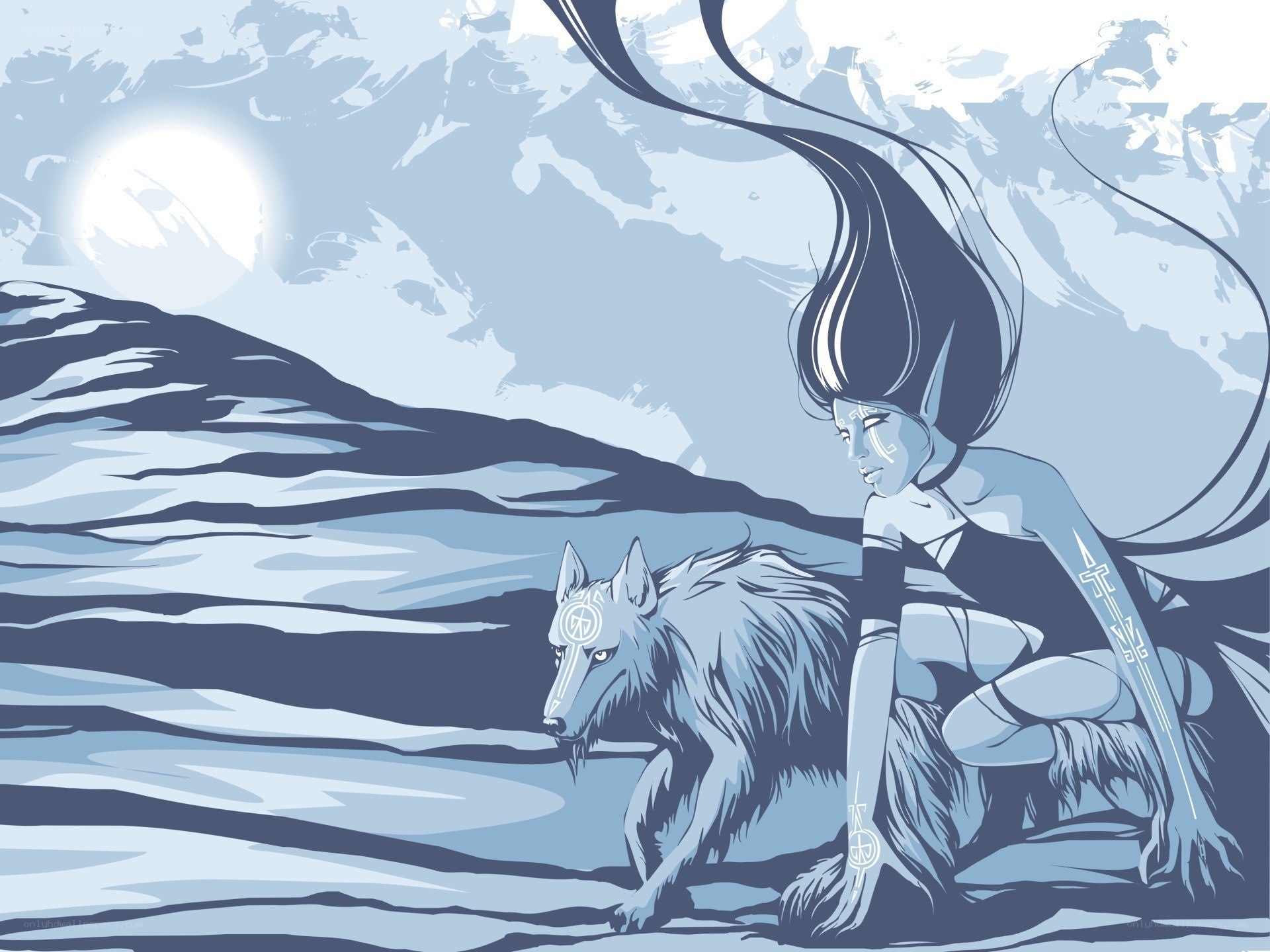 elf with wolf in snowy landscape