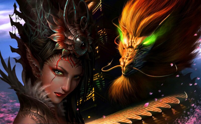 Elf Woman and Dragon — Black