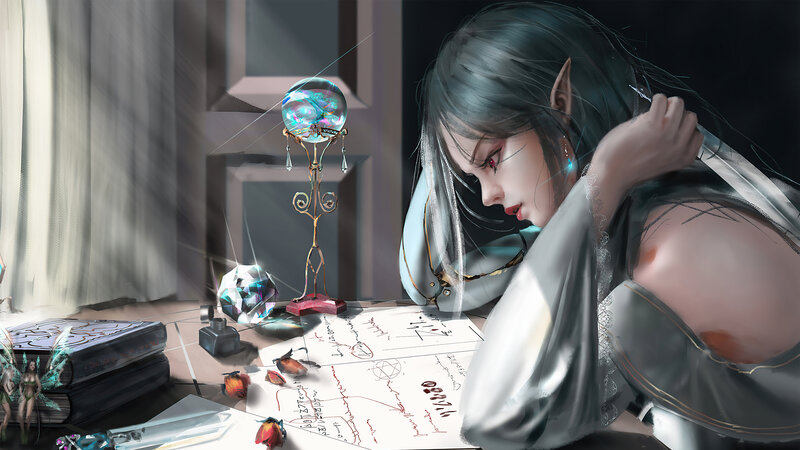Elf Woman at Desk — Gray
