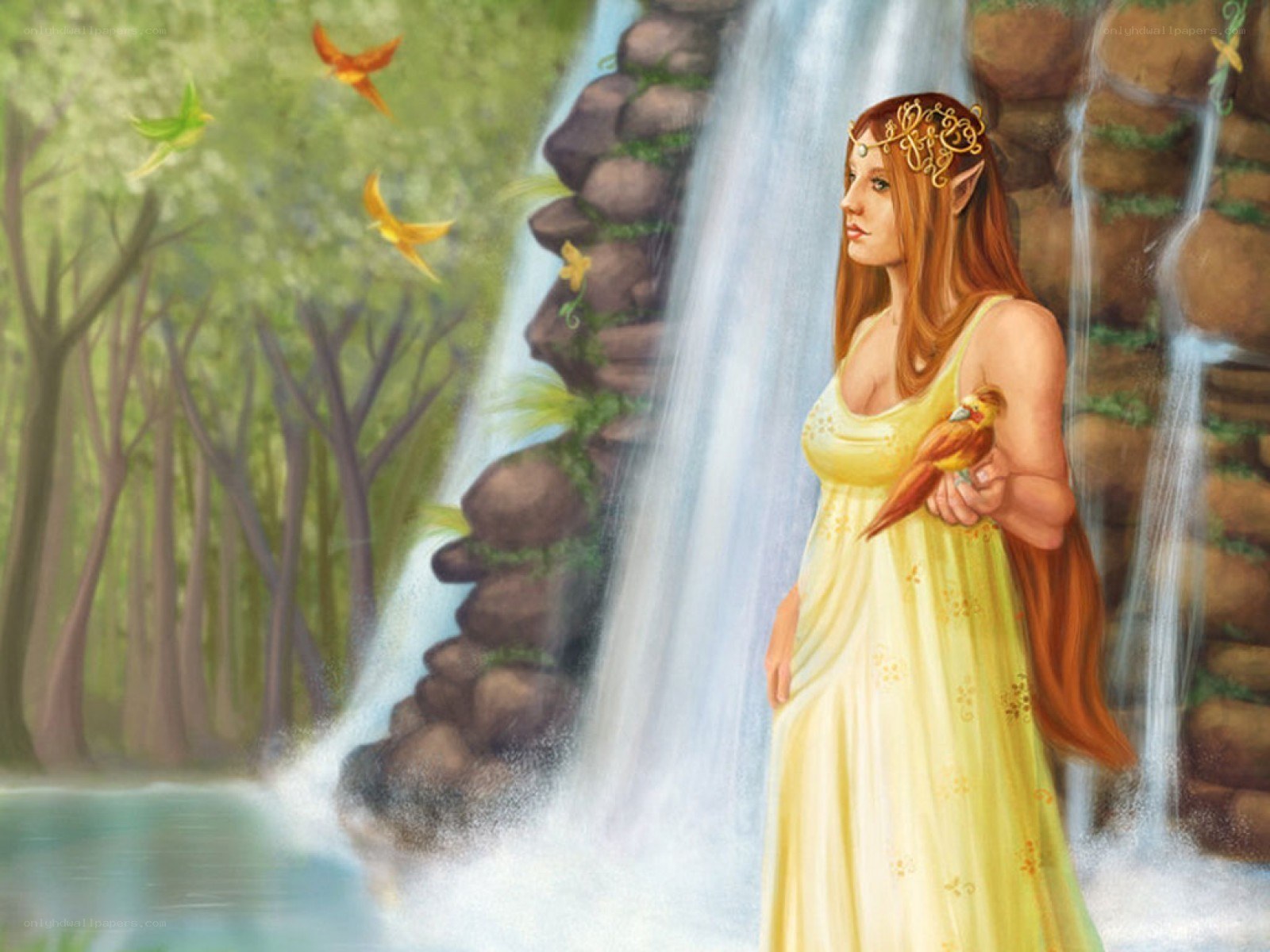 elf woman by a waterfall
