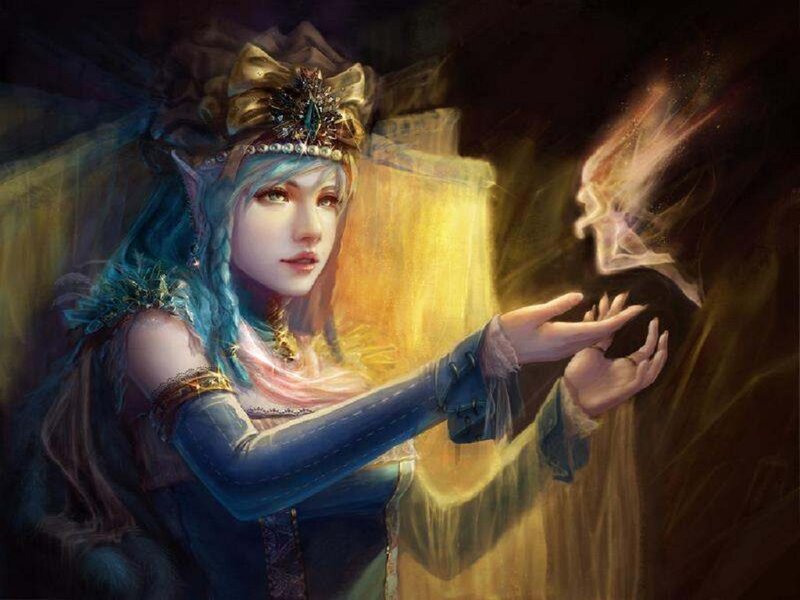 Elf Woman Casting Spell — Blue, Dramatic, Digital Art