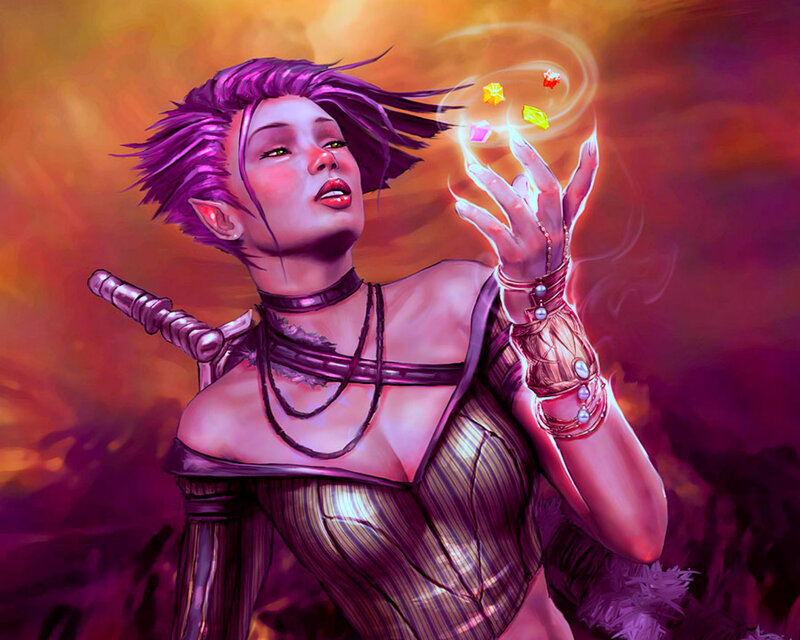 Elf Woman Casting Spell — Purple, Dramatic, Digital Art, Sword