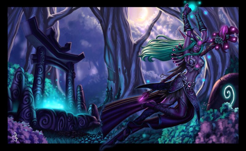 Elf Woman Casting Spell — Purple, Dramatic, Night, Digital Art, Forest