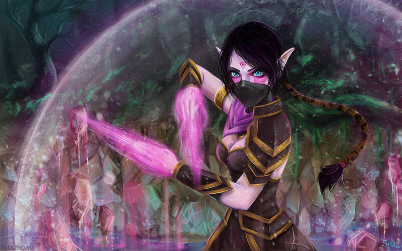 Elf Woman Casting Spell — Purple, Dramatic, Night, Digital Art, Magic, Mask