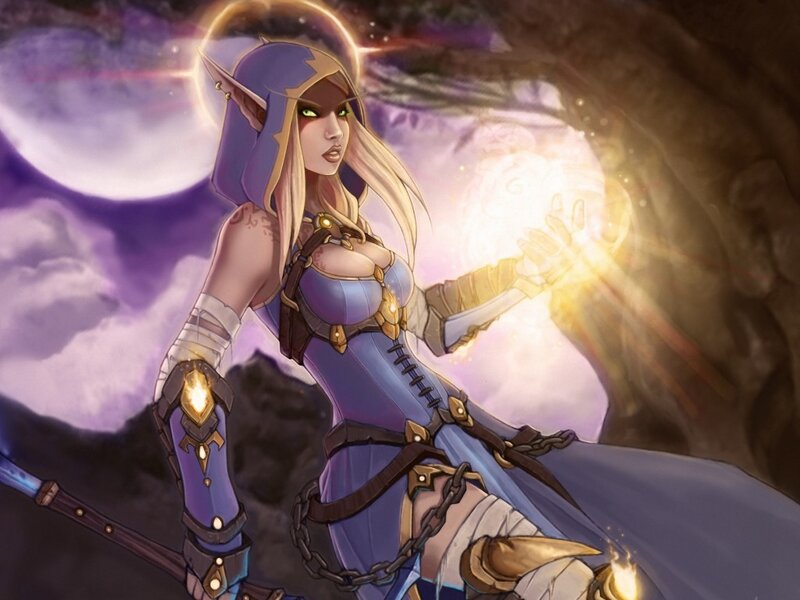 Elf Woman Casting Spell — Purple, Dramatic, Night, Digital Art, Moon