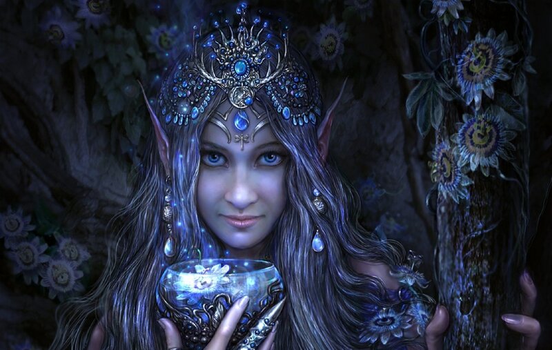 Elf Woman Holding Bowl — Blue