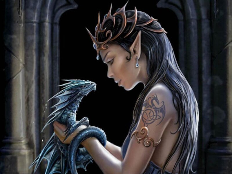 Elf Woman Holding Dragon — Black