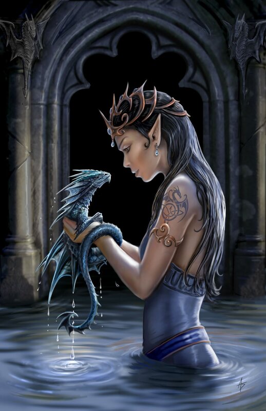 Elf Woman Holding Dragon — Blue, Dramatic, Night, Digital Art