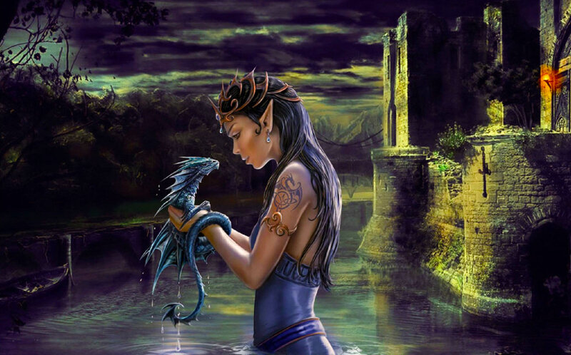 Elf Woman Holding Dragon — Blue, Dramatic, Night