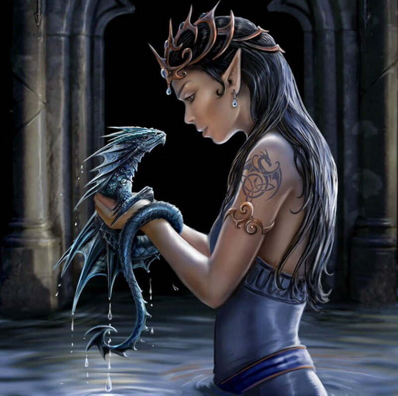 Elf Woman Holding Dragon — Blue, Dramatic