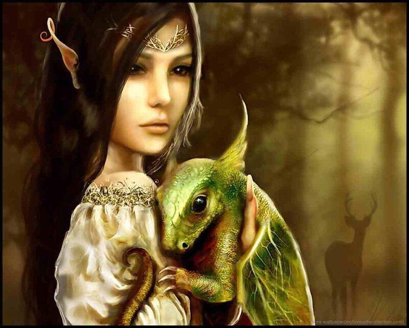 Elf Woman Holding Dragon — Green, Serene