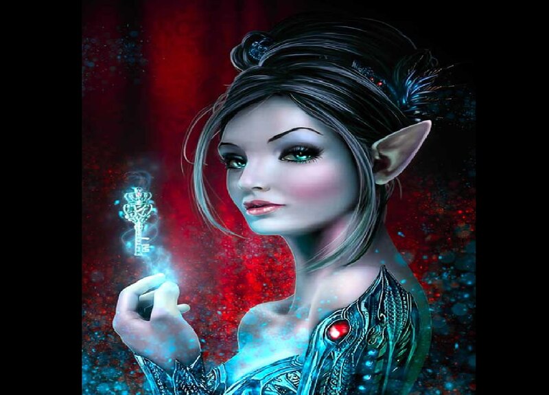 Elf Woman Holding Key — Blue