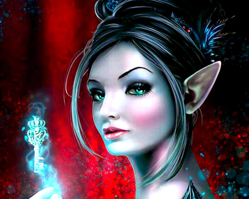 Elf Woman Holding Key — Red