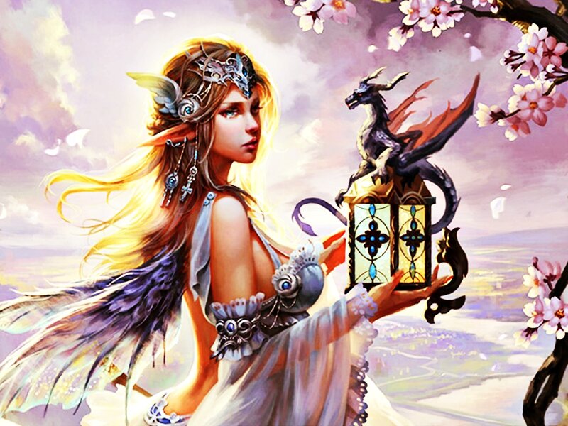 Elf Woman Holding Lantern — Purple