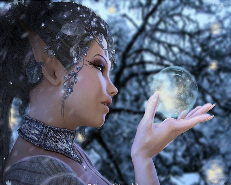 Elf Woman Holding Orb — Blue, Serene
