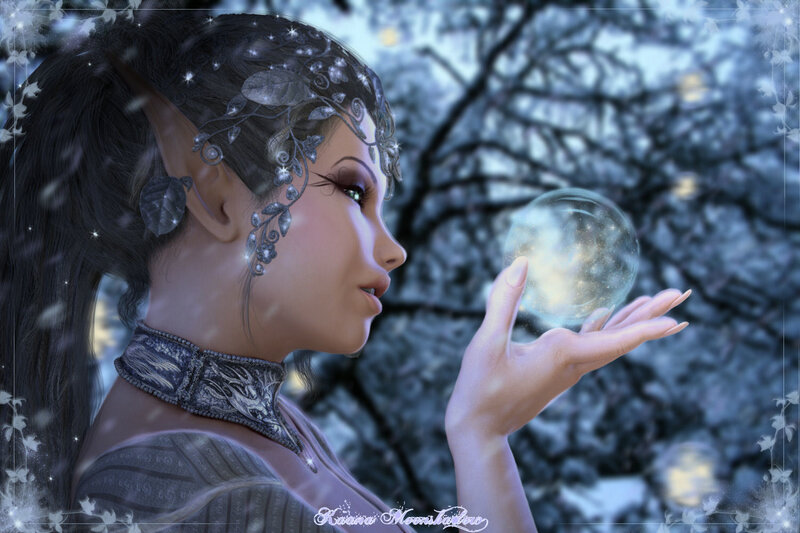Elf Woman Holding Orb — Blue, Serene, Winter, Digital Art