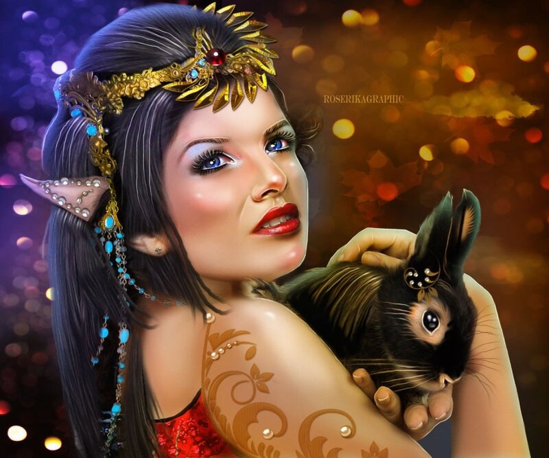 Elf Woman Holding Rabbit — Purple
