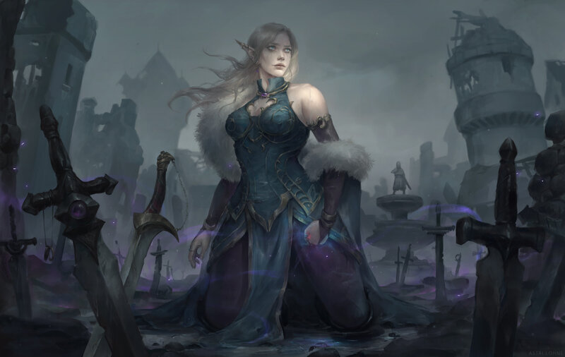 Elf Woman in Armor — Gray, Dramatic, Night