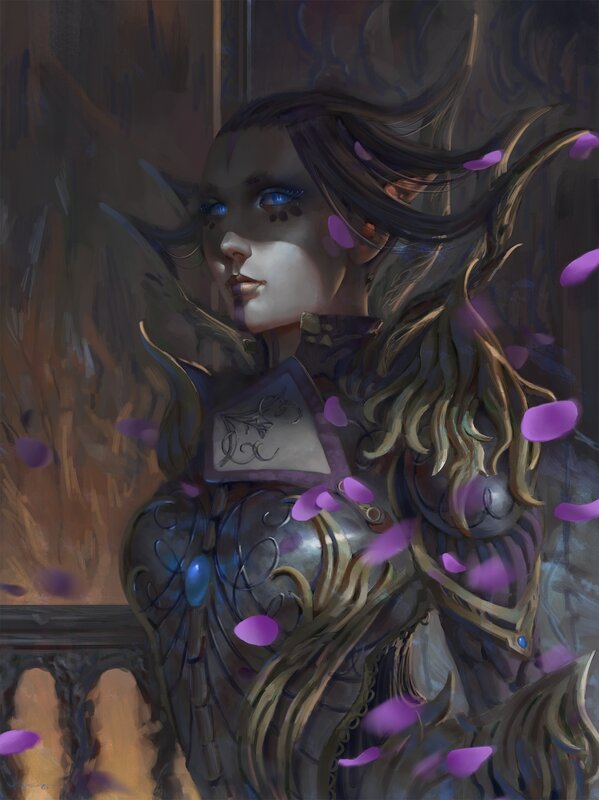 Elf Woman in Armor — Purple, Dramatic, Digital Art