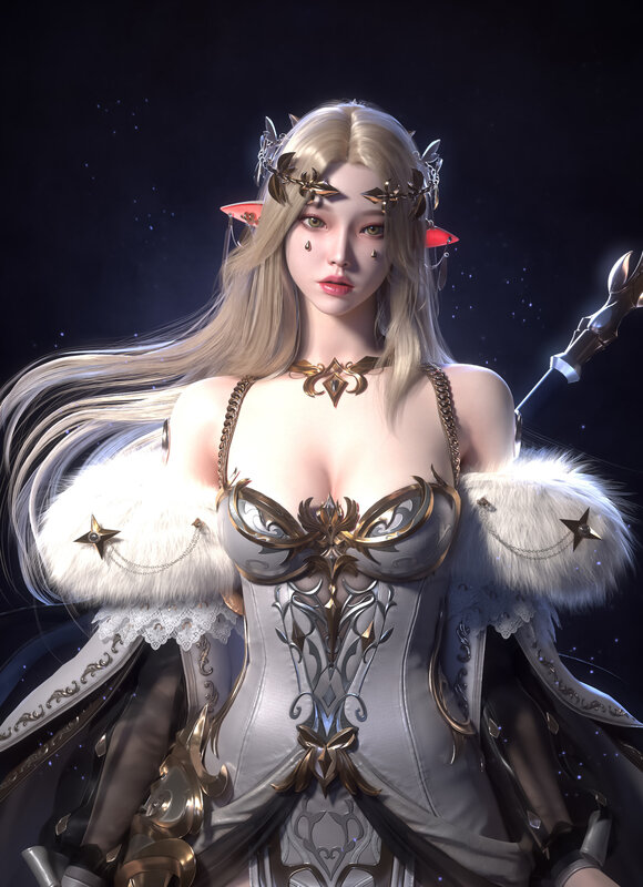 Elf Woman in Armor — White, Dramatic, Night