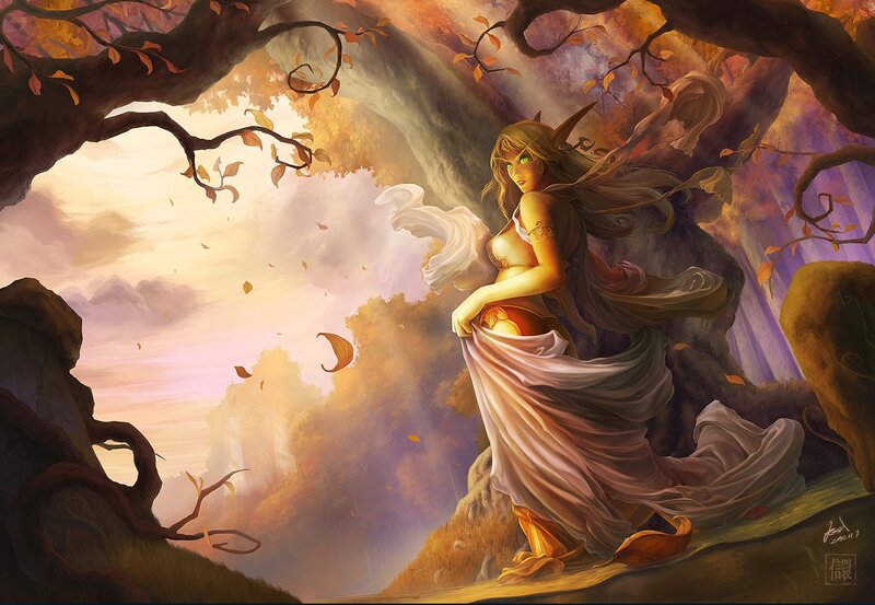 Elf Woman in Autumn Forest — Orange, Serene, Digital Art