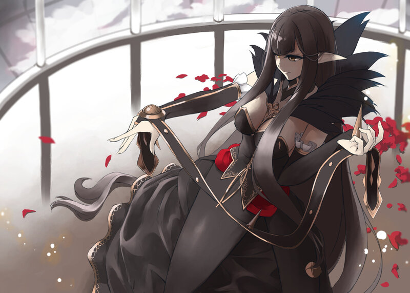 Elf Woman in Black Dress — Dramatic, Digital Art, Rose Petals