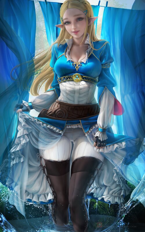 Elf Woman in Blue Dress — Serene, Digital Art, Water