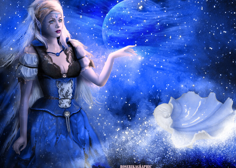 Elf Woman in Blue Dress — Serene, Night, Digital Art