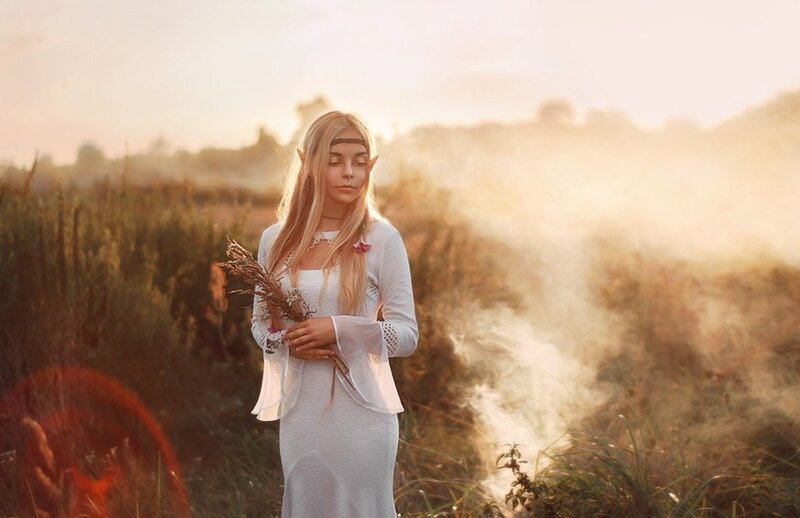 Elf Woman in Field — White, Serene