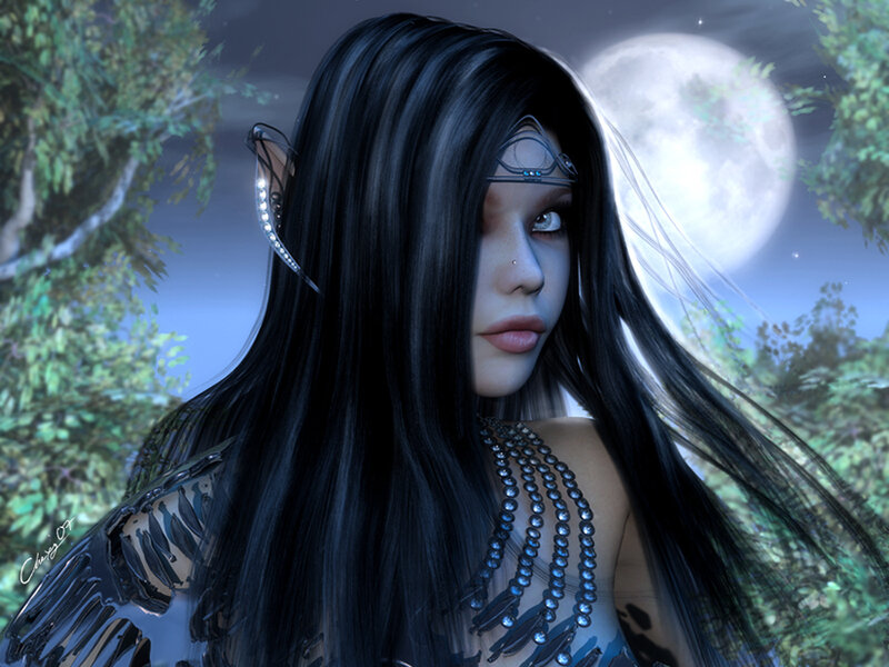 Elf Woman in Forest — Black, Mysterious, Night