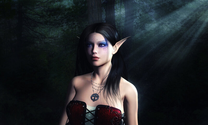 Elf Woman in Forest — Black, Mysterious
