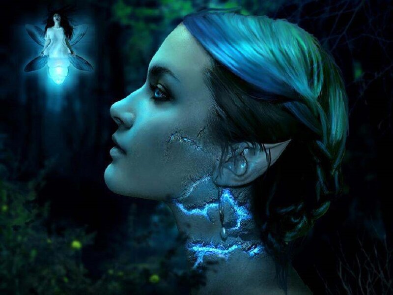 Elf Woman in Forest — Blue, Mysterious, Night