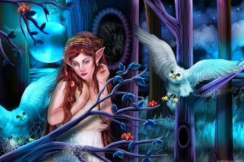 Elf Woman in Forest — Blue, Mystical, Night