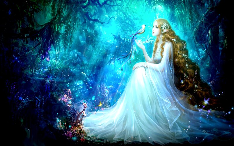Elf Woman in Forest — Blue, Serene, Night, Digital Art, Bird