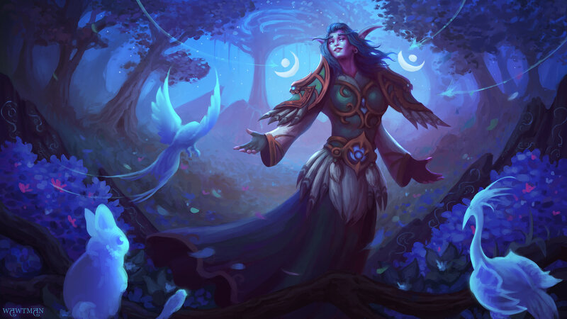 Elf Woman in Forest — Blue, Serene, Night, Digital Art, Birds