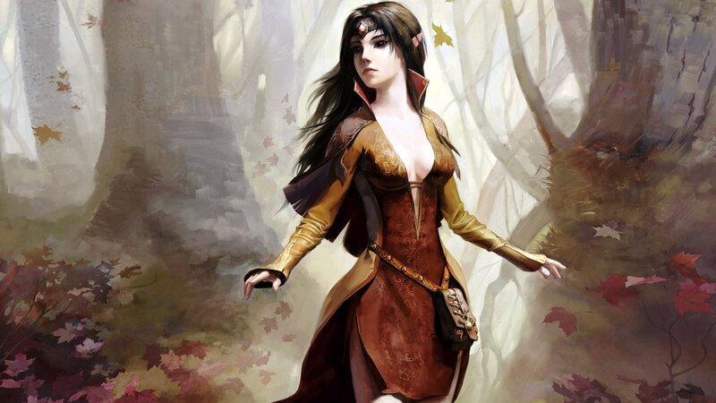 Elf Woman in Forest — Brown, Serene, Autumn, Digital Art
