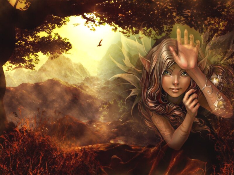 Elf Woman in Forest — Brown, Serene, Sunset
