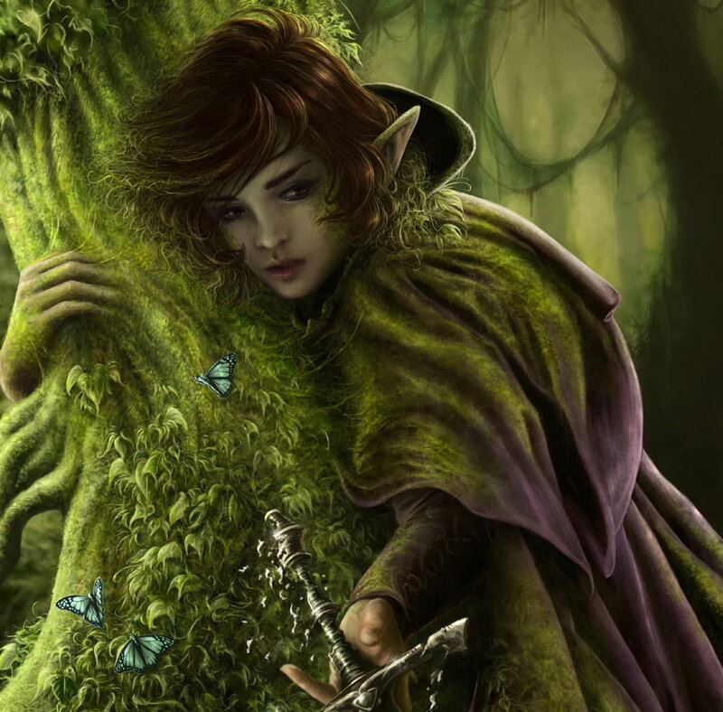 Elf Woman in Forest — Green, Dramatic, Digital Art